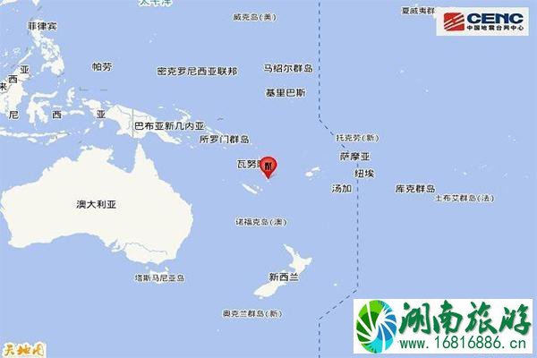 瓦努阿图群岛6.5级地震 周边城市+地震中心 瓦努阿图群岛6.5级地震 周边城市+地震中心