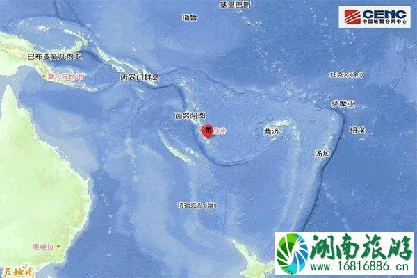 瓦努阿图群岛6.5级地震 周边城市+地震中心 瓦努阿图群岛6.5级地震 周边城市+地震中心